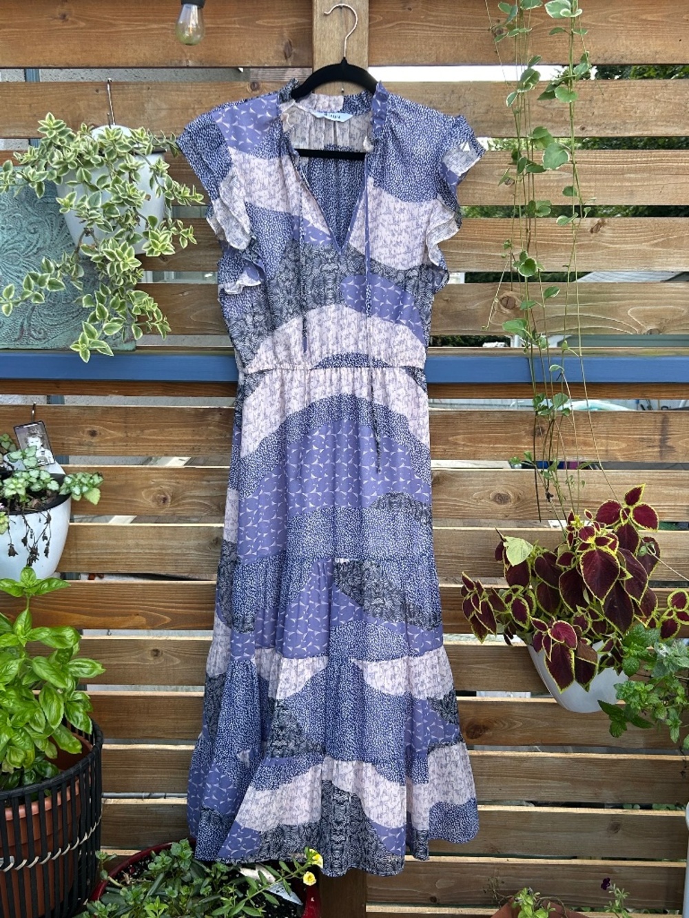 BB Dakota Blue Patchwork Print Ruffle Maxi Dress Boho